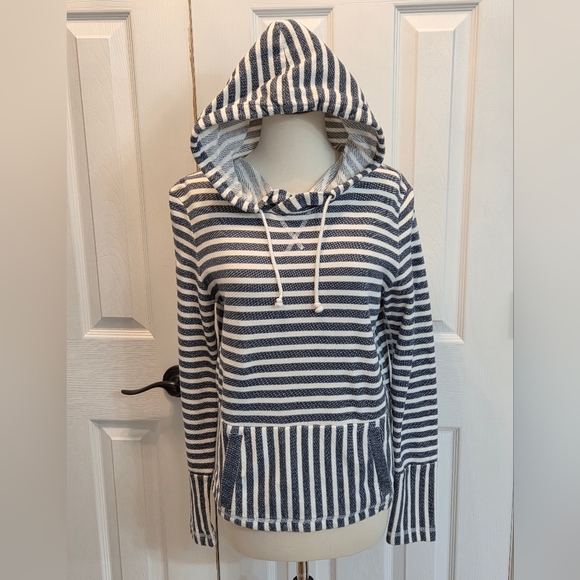 J. CREW BLUE & WHITE STRIPED NAUTICAL HOODIE SWEATSHIRT POCKETS XS - Picture 2 of 9
